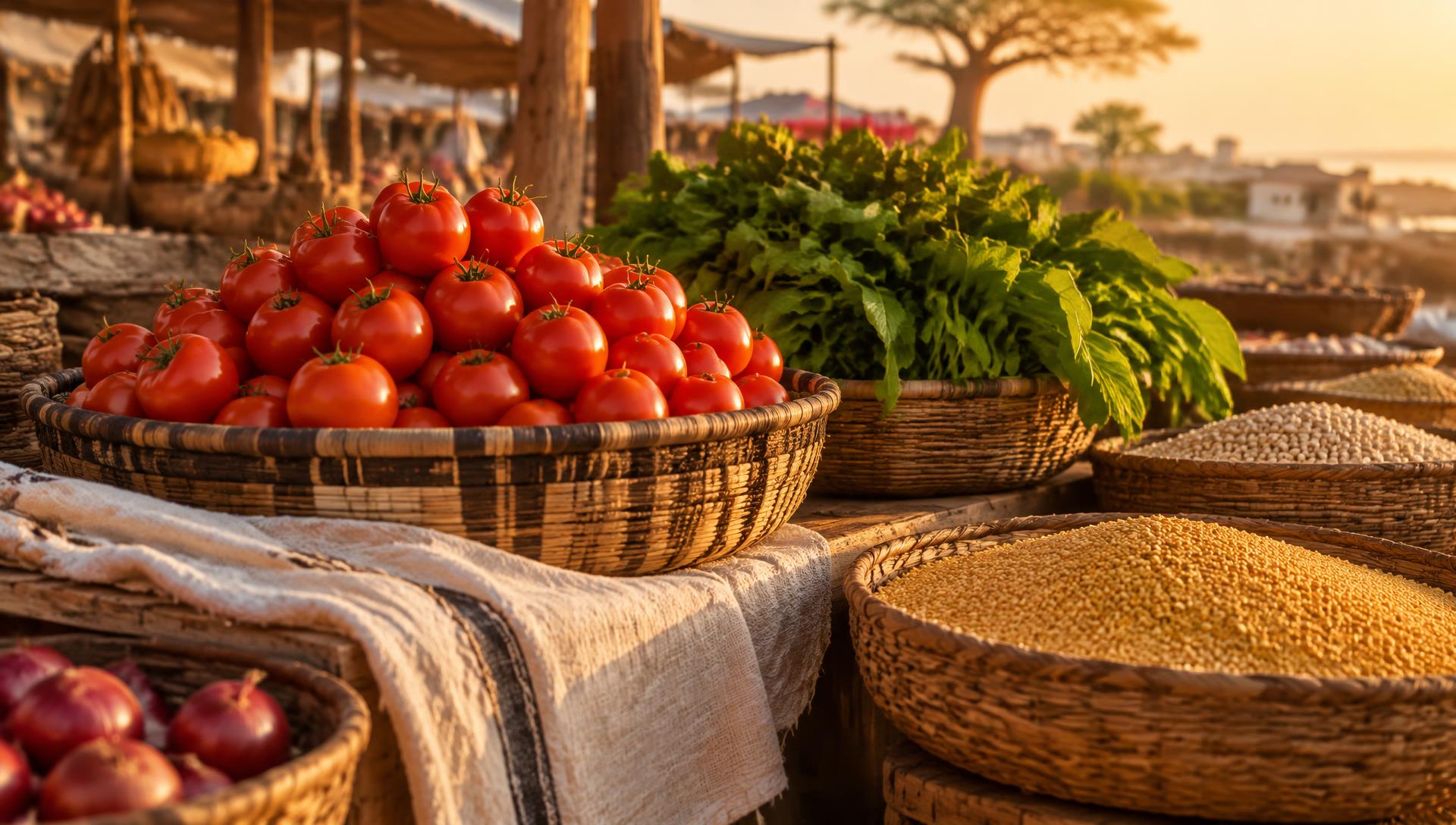 Étal de produits frais et céréales